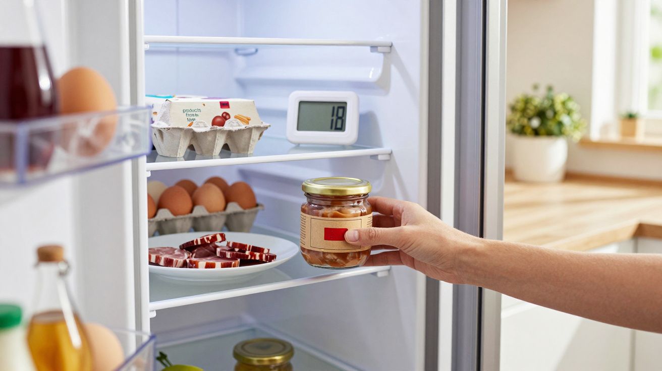 Mão segurando pote de vidro com conserva dentro de geladeira aberta com ovos e alimentos.