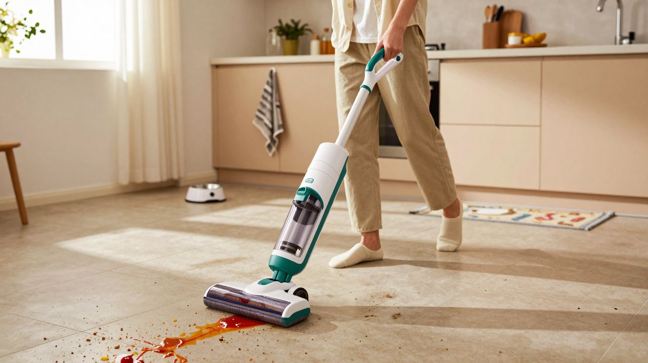 Pessoa limpando chão sujo com aspirador de pó elétrico em sala iluminada e arejada.
