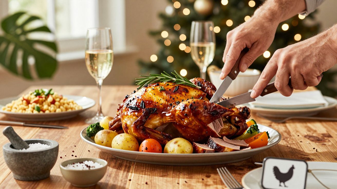 Pessoa cortando um frango assado com legumes na mesa decorada para celebração natalina.