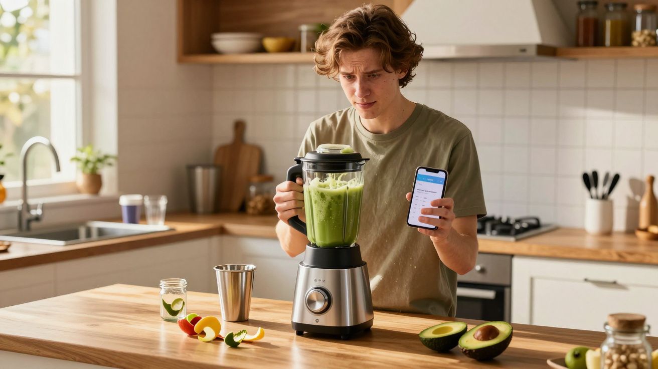 Jovem preocupado usando liquidificador para fazer smoothie verde na cozinha moderna com frutas.
