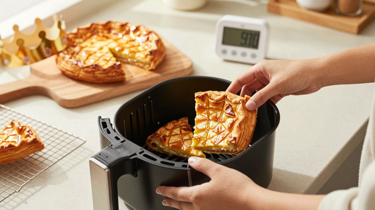 Pessoa colocando fatia de torta em fritadeira elétrica na cozinha, com torta e temporizador ao fundo.