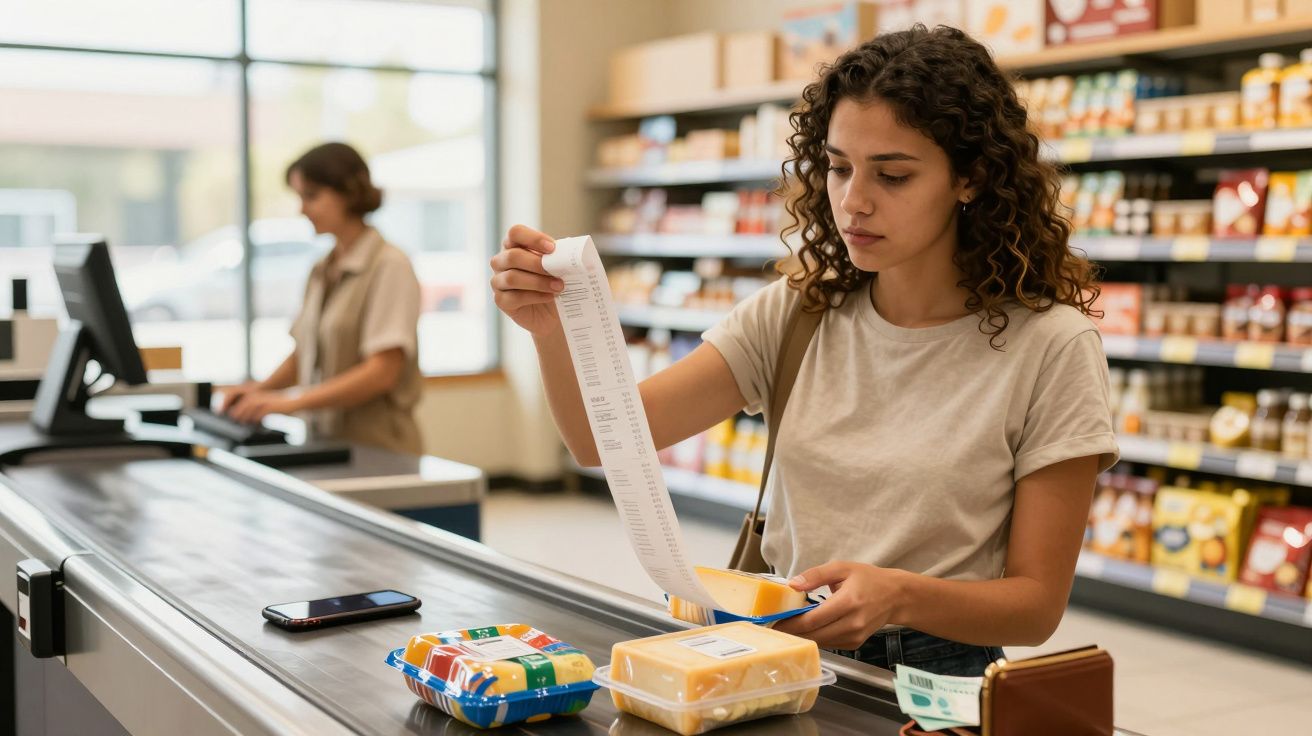Mulher conferindo o cupom fiscal ao passar produtos embalados em supermercado.