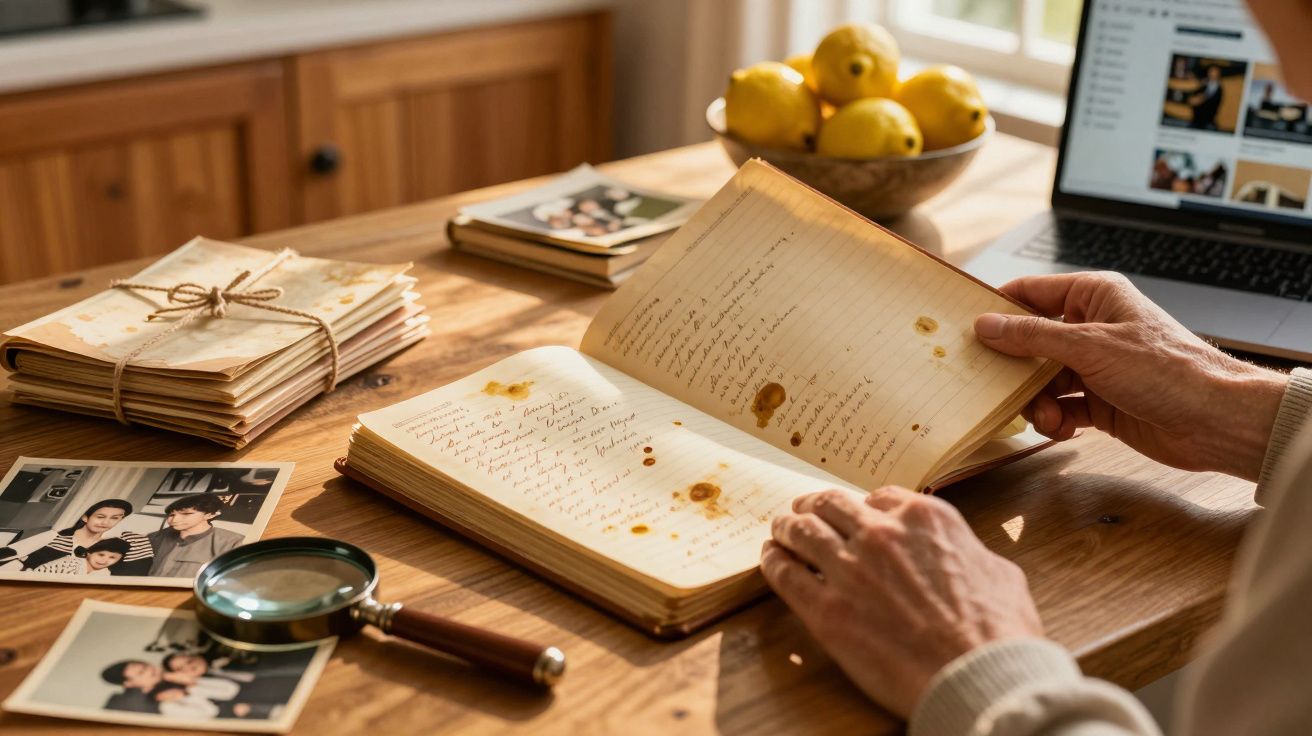 Pessoa folheando caderno antigo com manchas, fotos, lupa e laptop em mesa de madeira iluminada.
