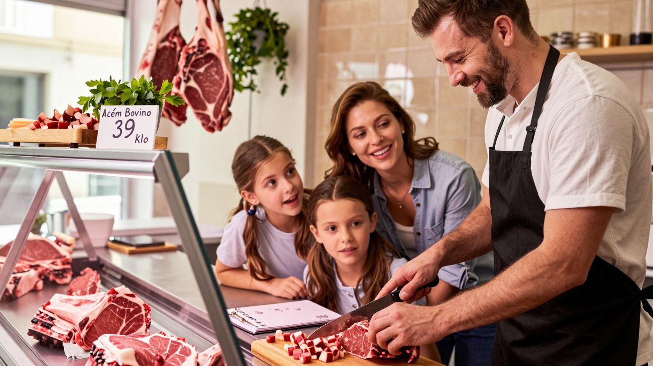 Cliente e duas meninas observam açougueiro cortando carne bovina em balcão de açougue com carnes penduradas.