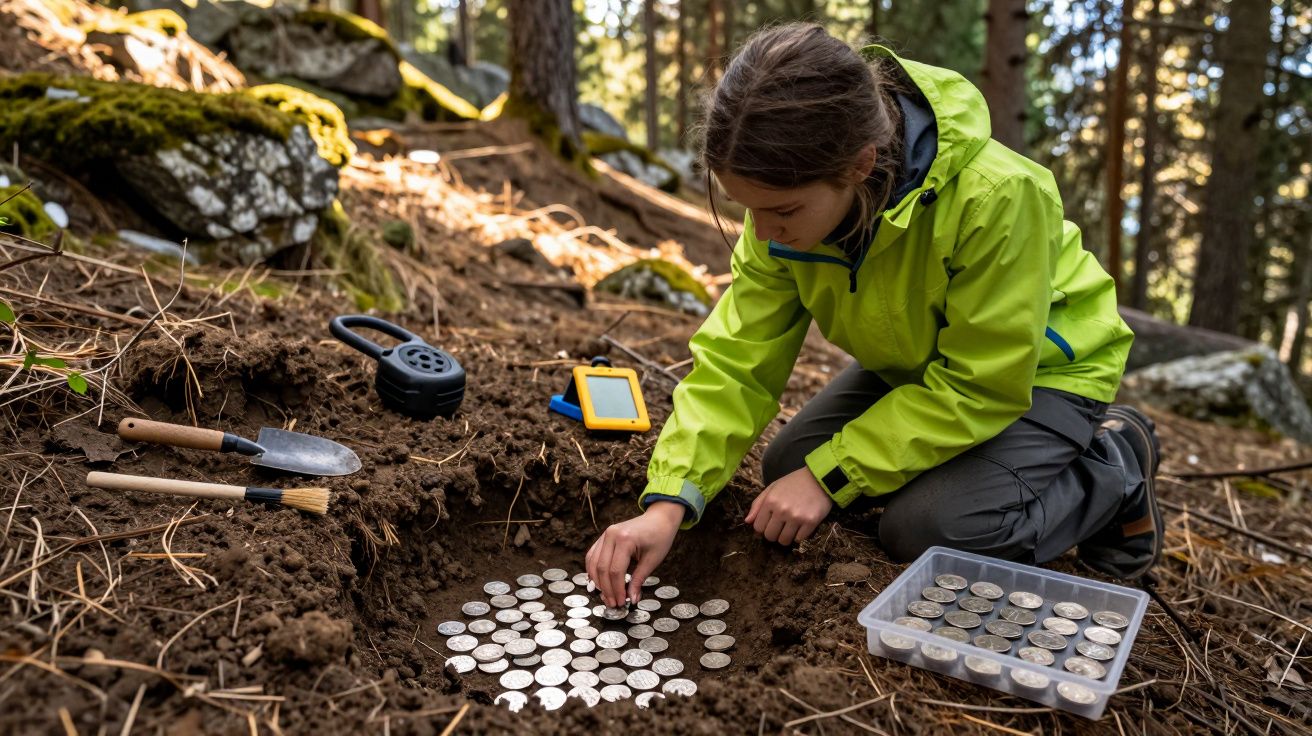 Criança com casaco verde escavando moedas antigas no chão de floresta com ferramentas ao redor.