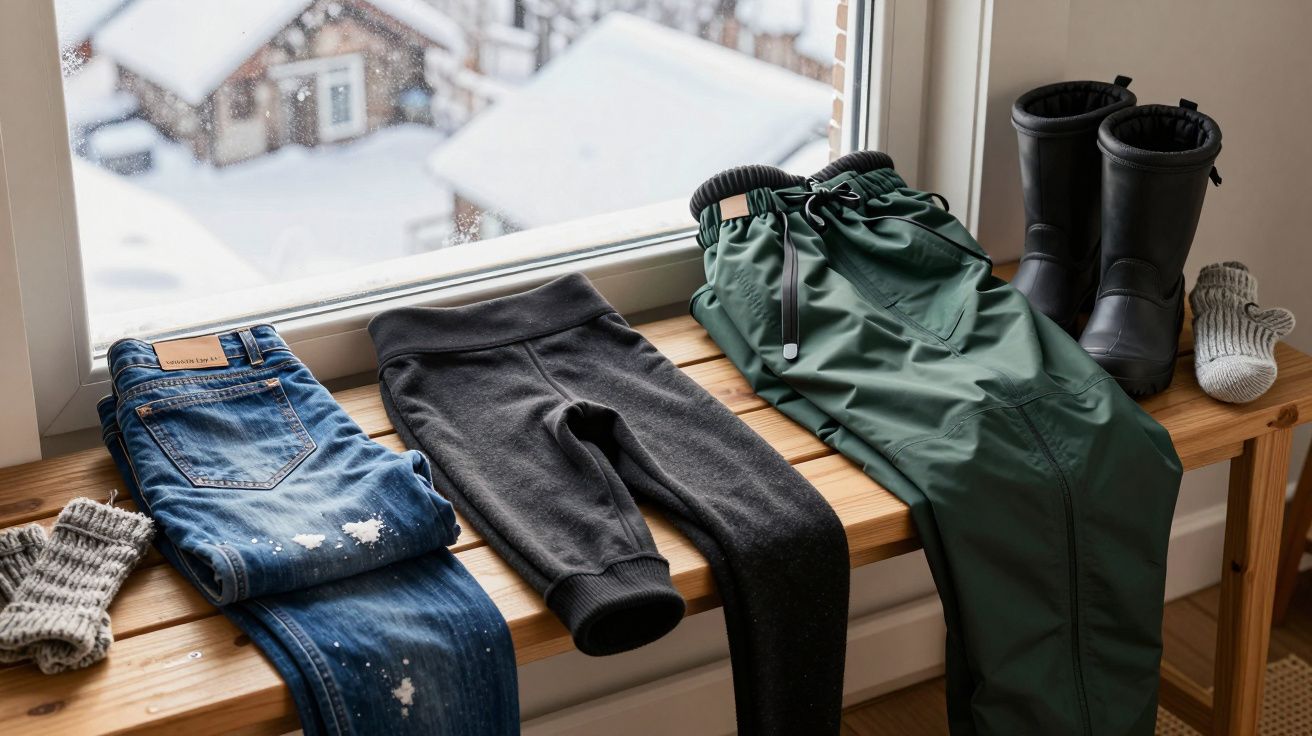 Roupas de inverno secando sobre banco de madeira ao lado de janela com neve lá fora.