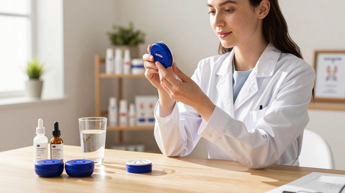 Mulher em jaleco branco segurando pote azul de creme da marca Nivea em ambiente claro.
