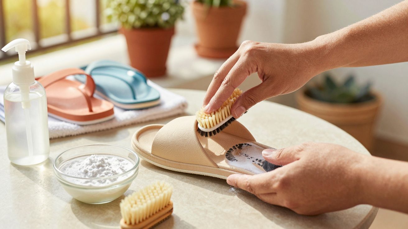 Pessoa limpando chinelo bege com escova, ao lado de pó branco, sabonete líquido e outros chinelos sobre mesa redonda.