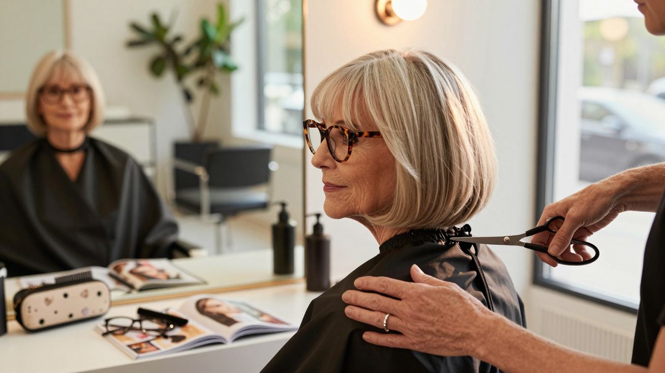 Mulher madura de óculos recebendo corte de cabelo em salão moderno, com revista na mesa à frente.