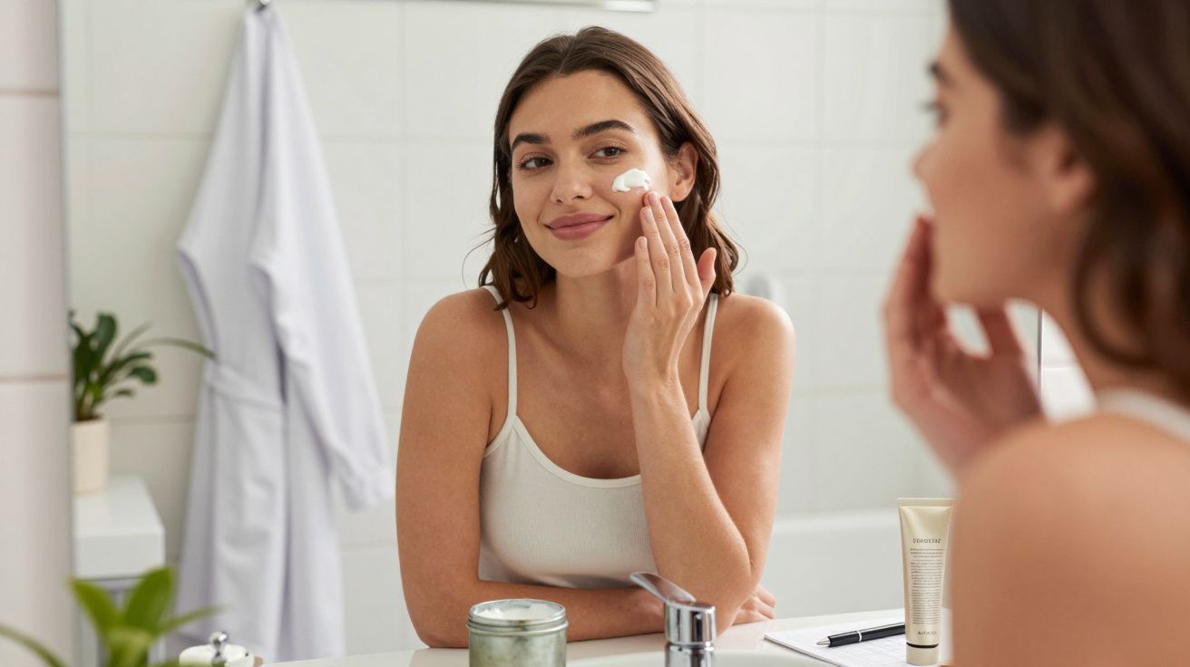 Mulher aplicando creme no rosto enquanto se olha no espelho do banheiro.