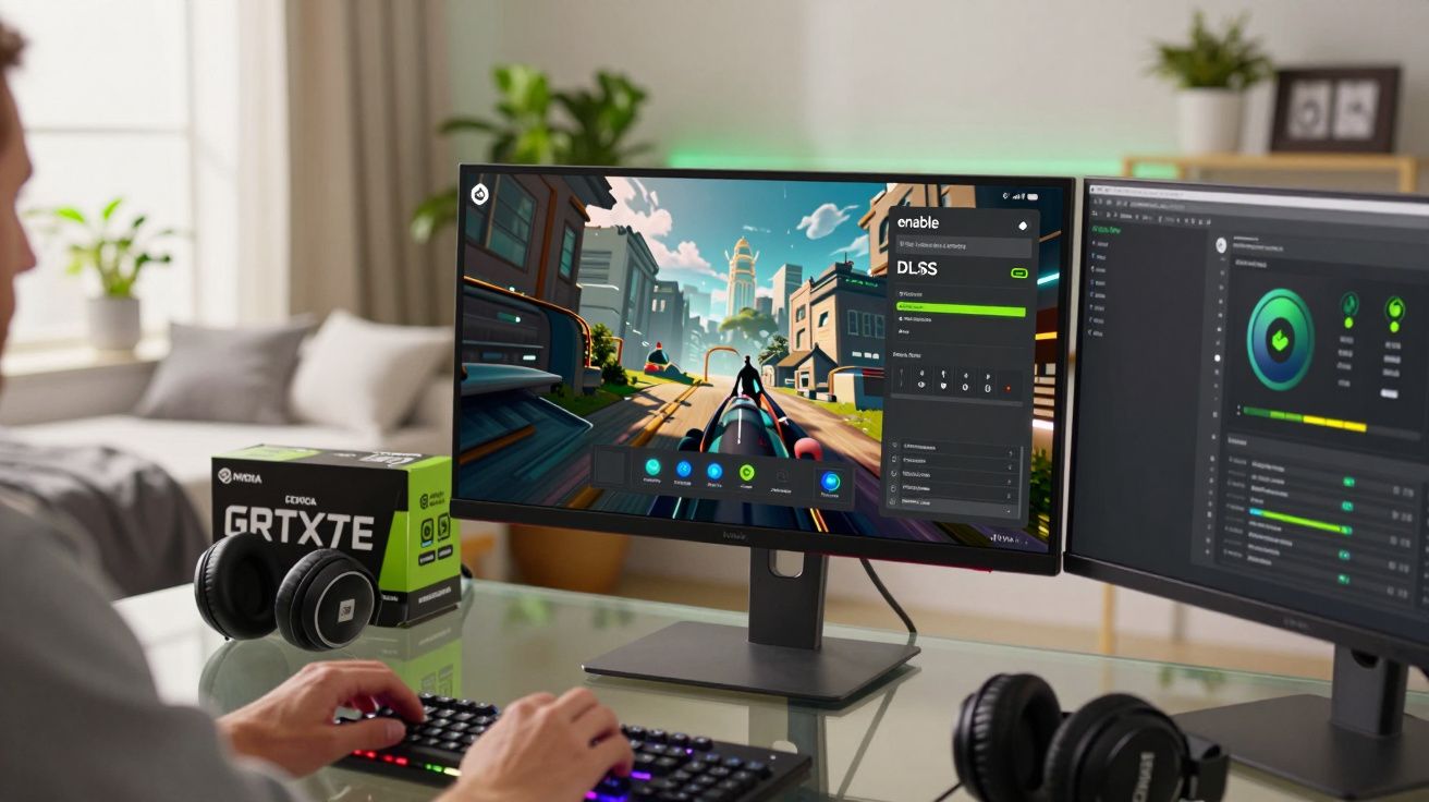 Pessoa jogando em computador com duas telas, uma exibindo jogo e outra software de monitoramento de desempenho.