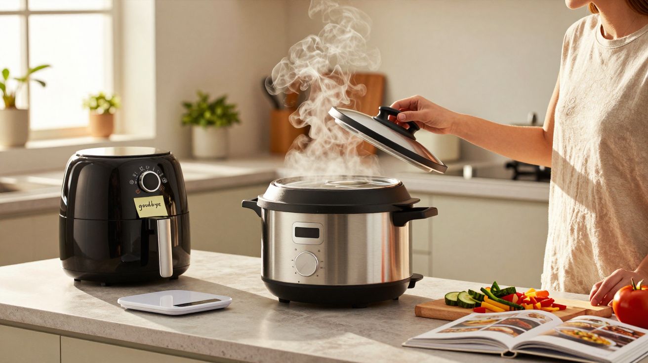 Pessoa abrindo panela elétrica com vapor saindo em cozinha moderna com air fryer preta e legumes picados.