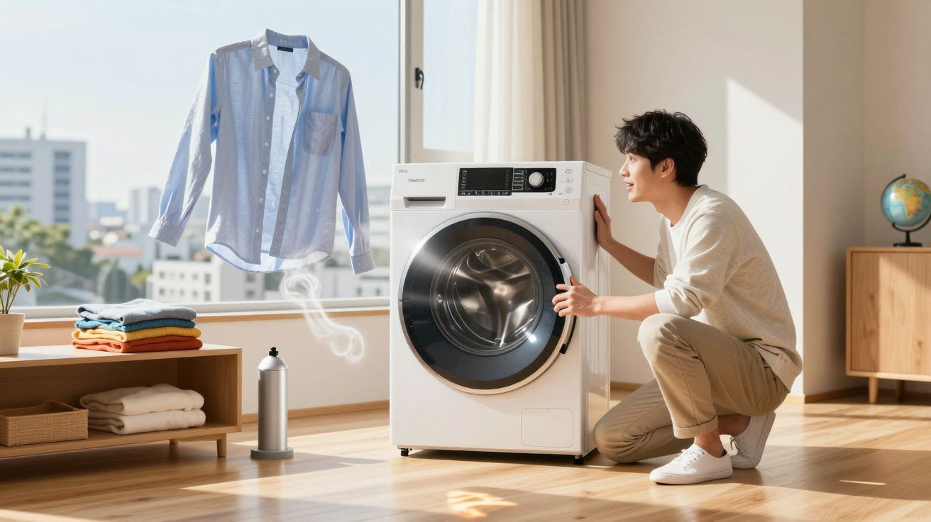 Homem agachado olhando para lava e seca, camisa azul flutua na frente de janela ensolarada.