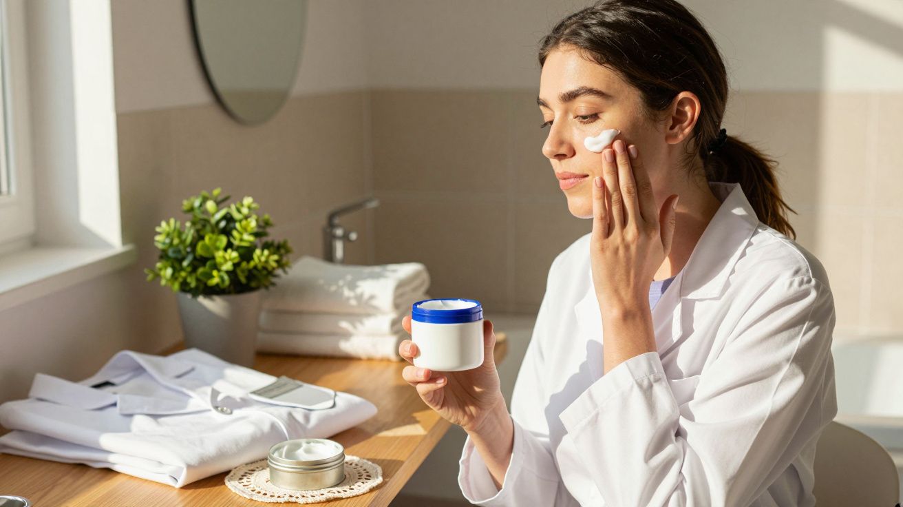 Mulher aplicando creme no rosto em ambiente claro com toalhas e planta ao fundo.