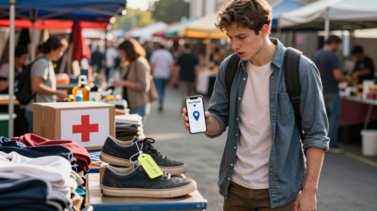 Jovem com mochila usa celular para localizar item em feira ao ar livre com barracas e pessoas ao fundo.