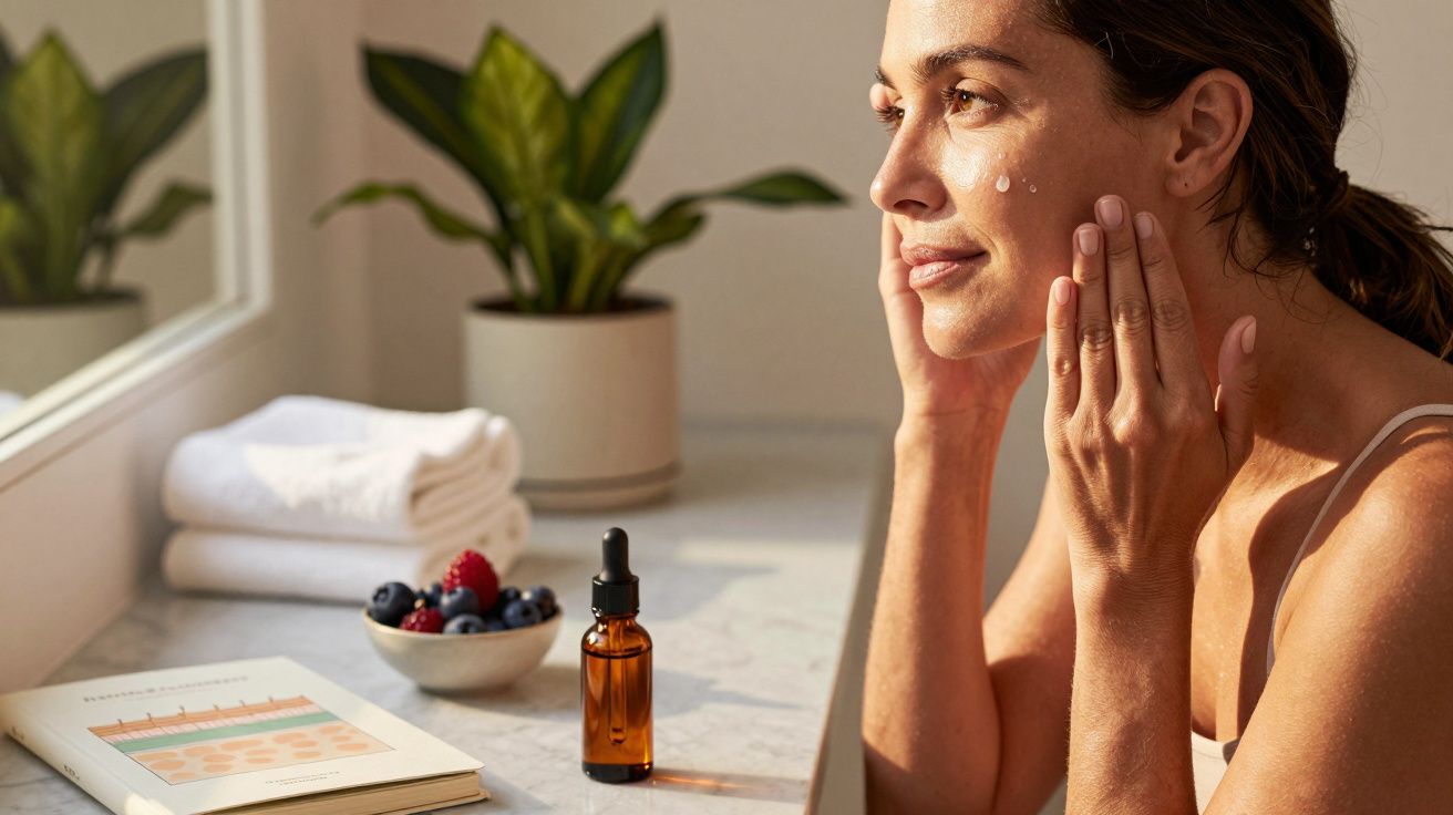 Mulher aplicando sérum facial perto de espelho em ambiente iluminado com planta e toalhas ao fundo.