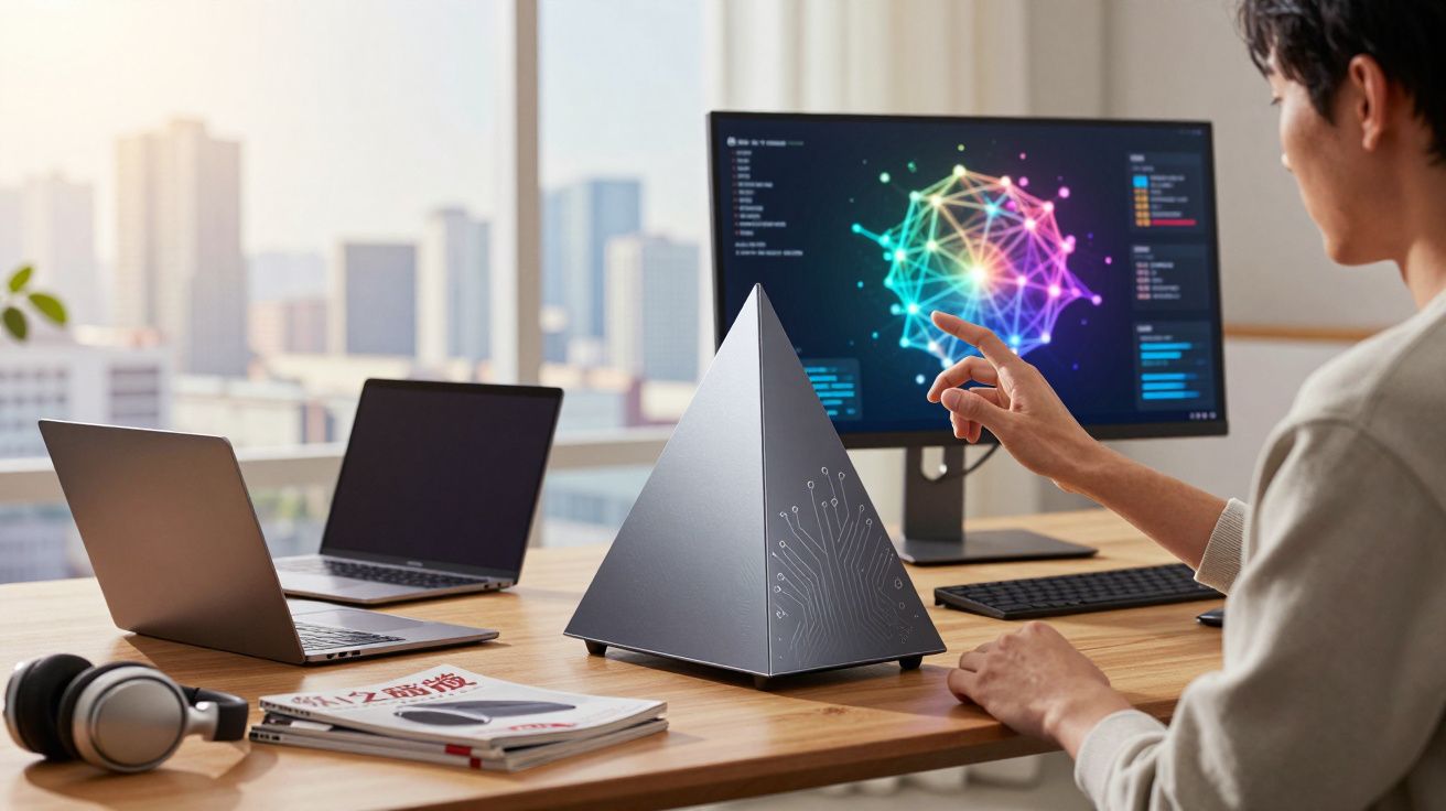 Pessoa interagindo com dispositivo eletrônico em formato de pirâmide na mesa de escritório modern0.