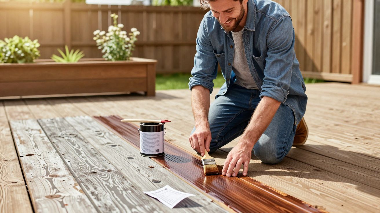 Homem aplicando verniz marrom em madeira clara de chão de varanda ensolarada.