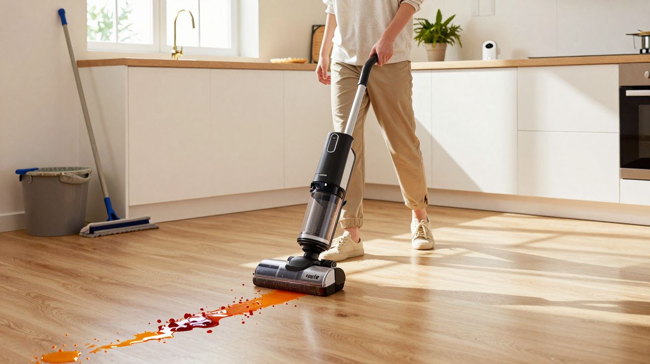 Pessoa limpando líquido derramado no chão de madeira com aspirador vertical em cozinha clara e organizada.