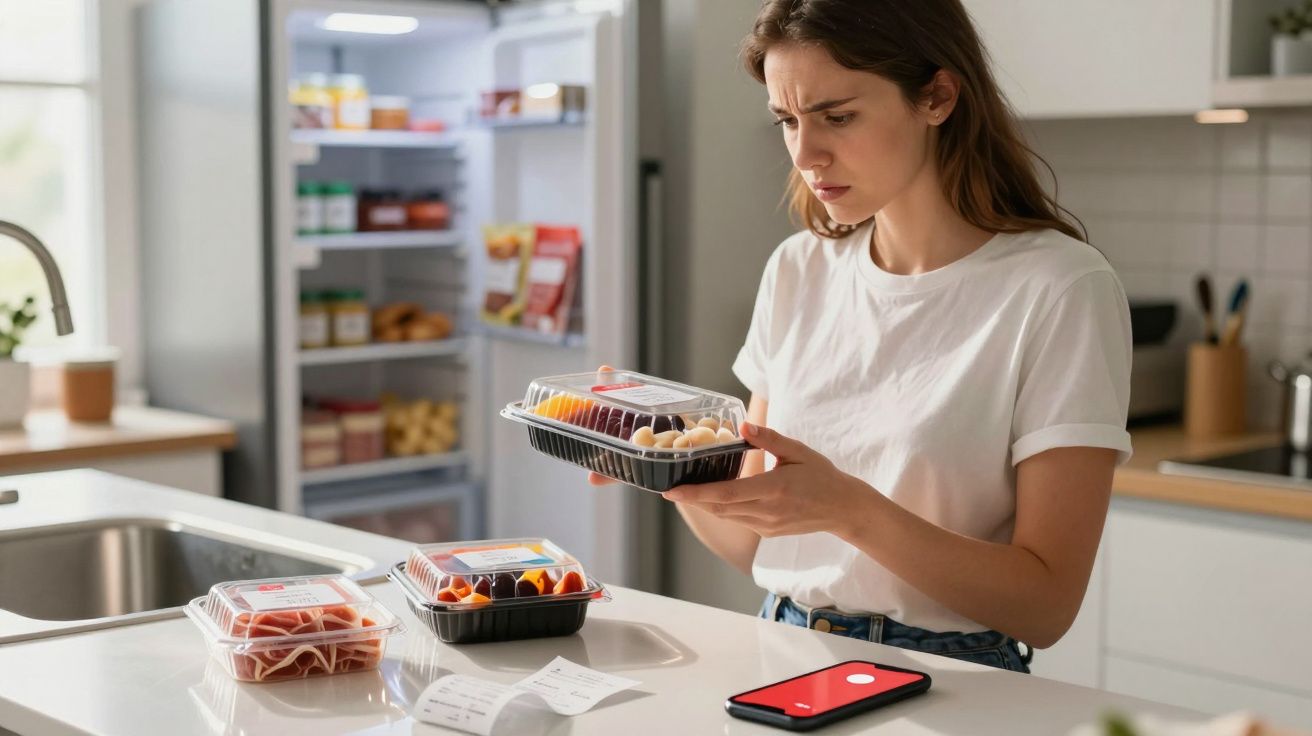 Mulher numa cozinha lendo rótulo de comida embaladas com expressão preocupada.