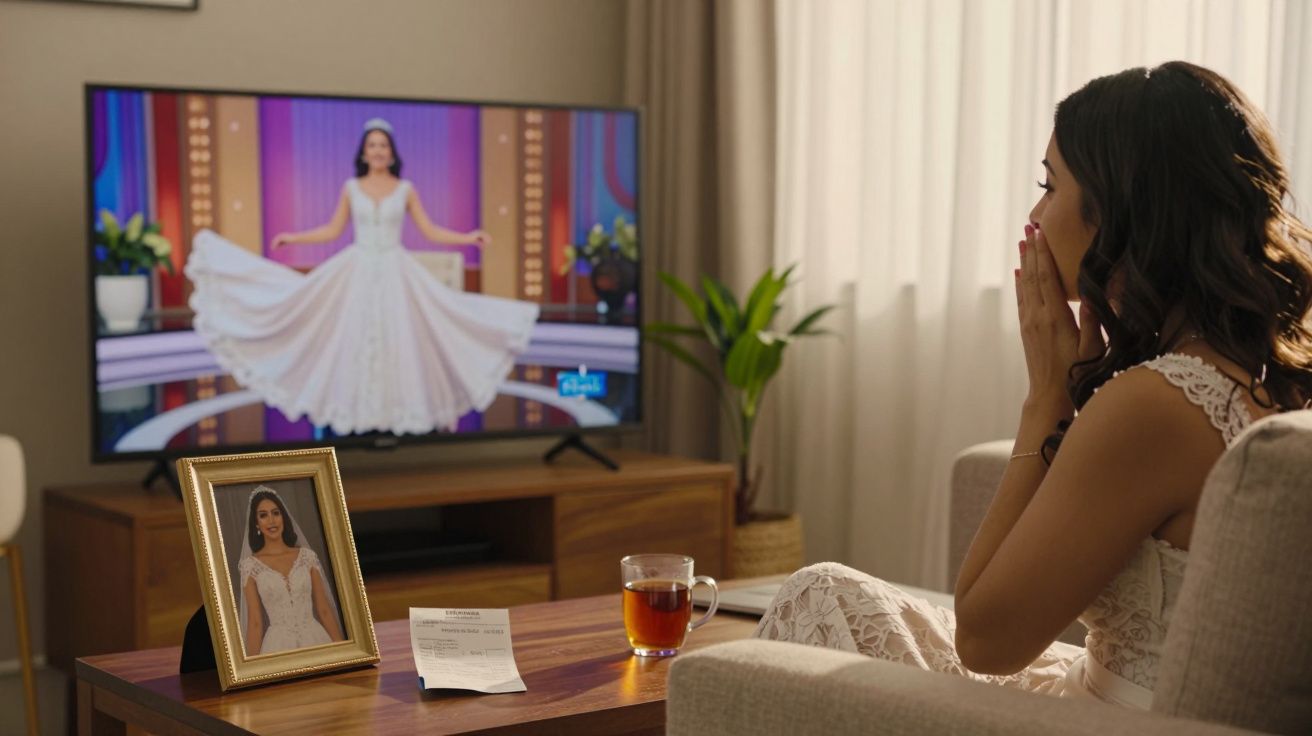 Mulher emocionada assiste no sofá a programa de concurso de vestido de noiva na televisão.