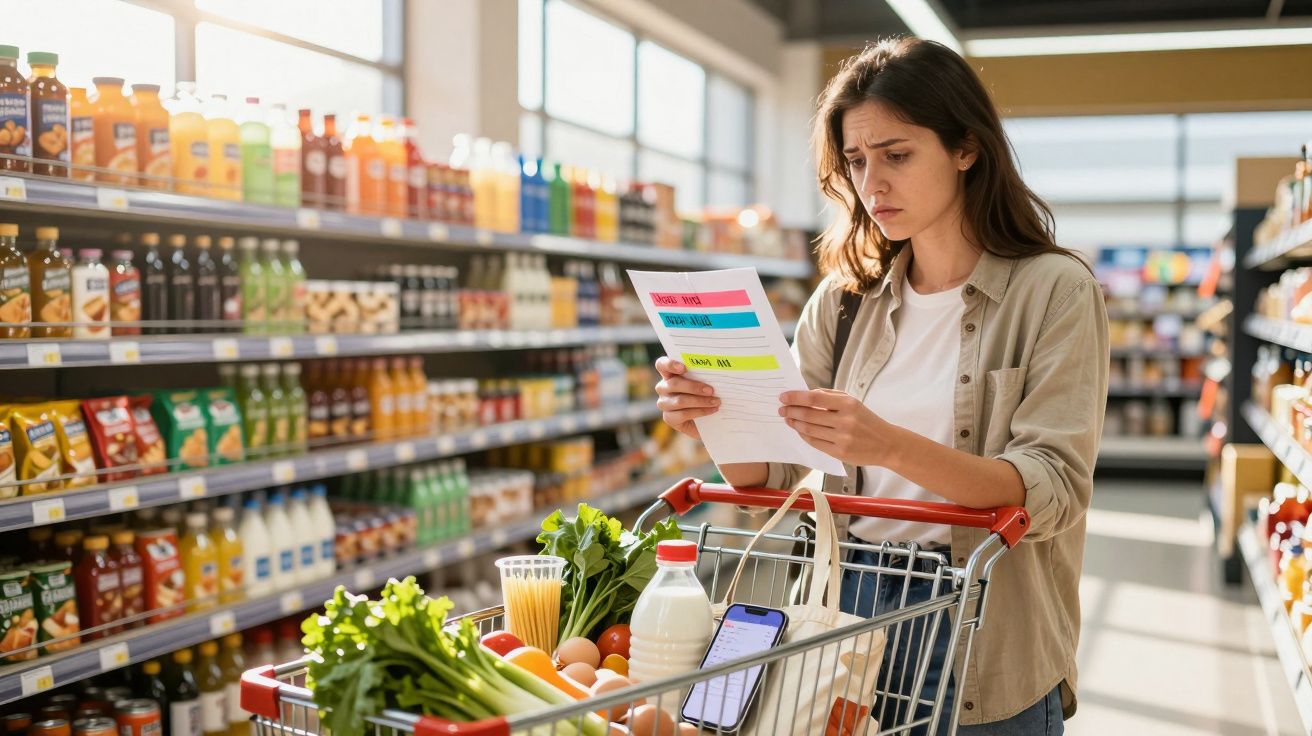 Mulher lendo lista de compras com carrinho cheio em corredor de supermercado iluminado.