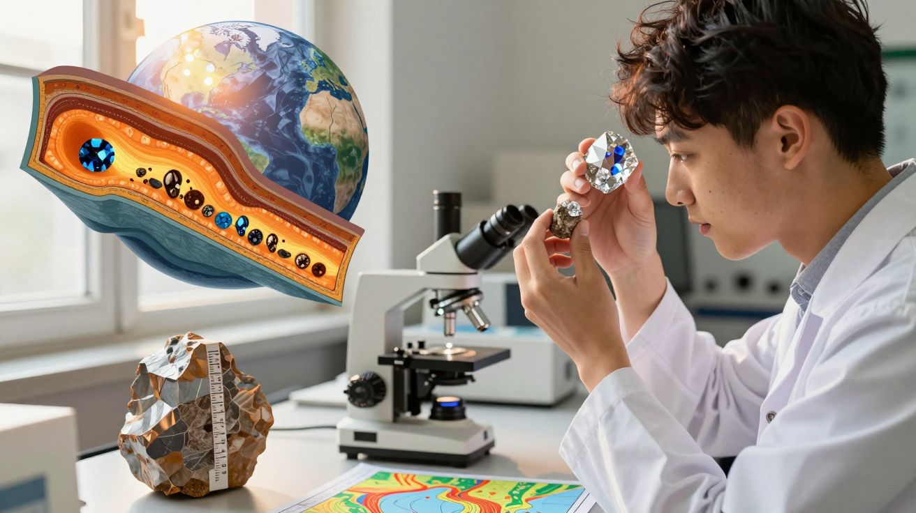 Cientista observando amostras de minerais, com microscópio e modelos da Terra em laboratório.