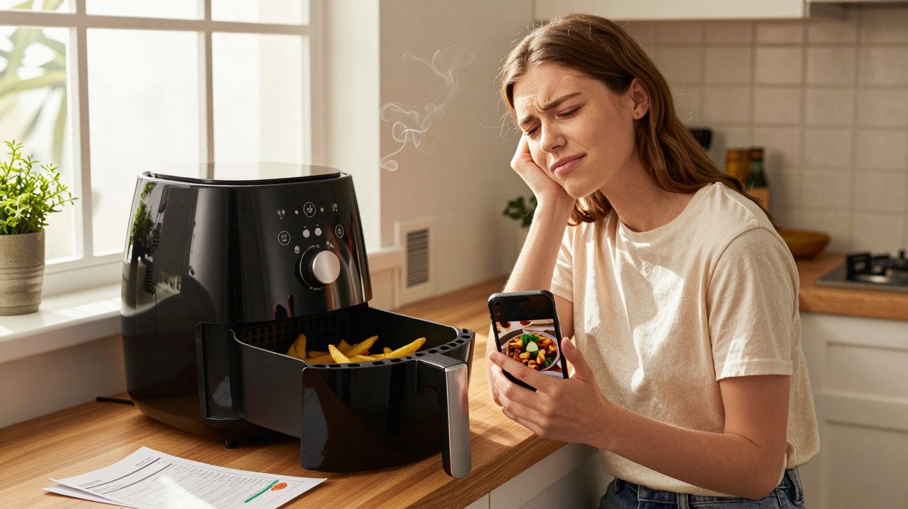 Mulher preocupada olhando para batatas fritas que queimaram em fritadeira sem óleo na cozinha.