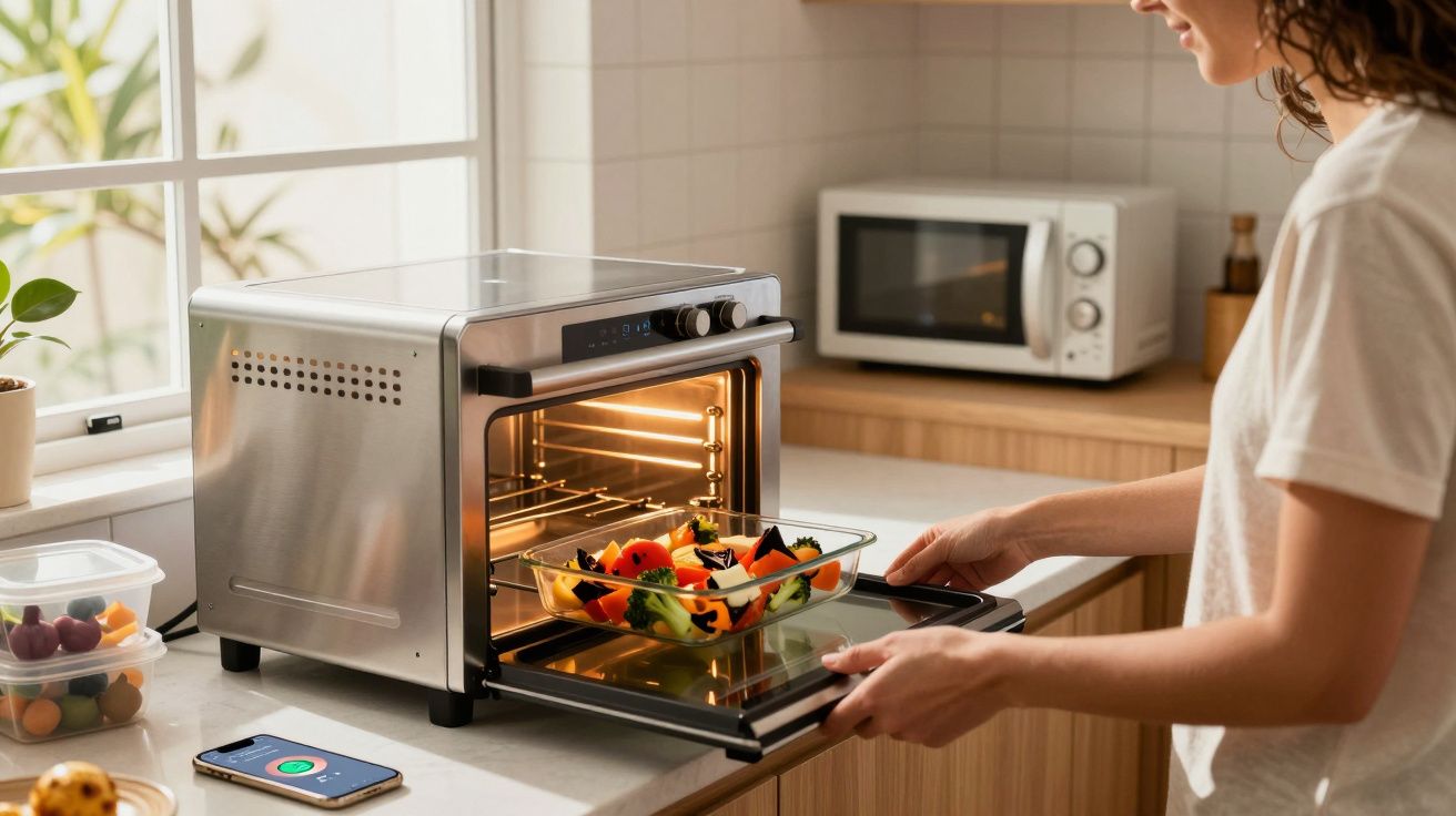 Mulher colocando refratário com legumes em forno elétrico de bancada em cozinha iluminada.