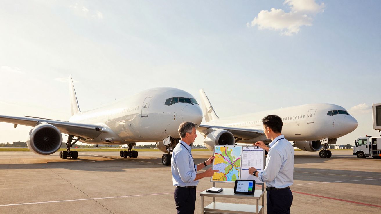 Dois homens com pranchetas analisam mapas e dados próximos a dois aviões brancos estacionados no aeroporto.