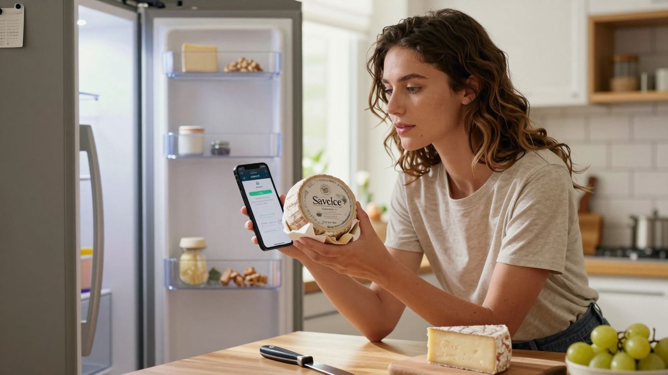 Mulher olhando para rótulo de queijo enquanto usa celular na cozinha com geladeira aberta ao fundo.