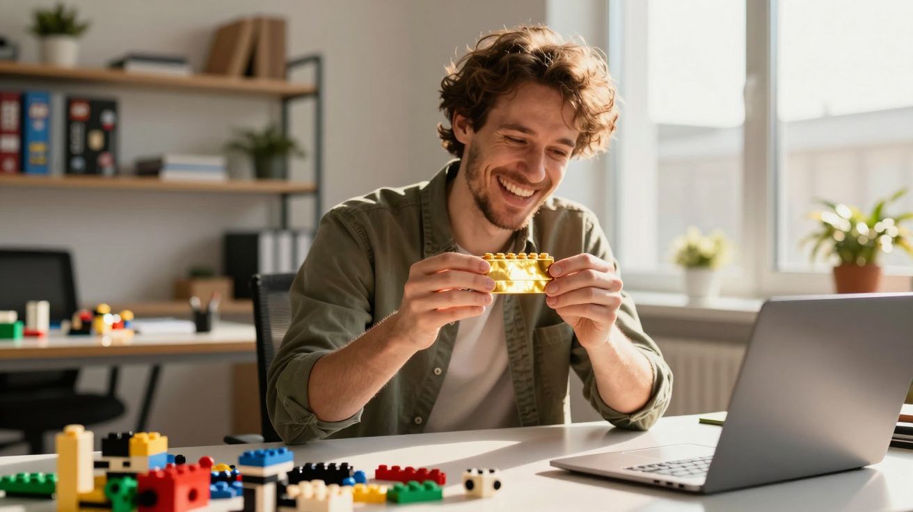 Homem sorrindo constrói peças de brinquedo enquanto trabalha em escritório com laptop aberto.
