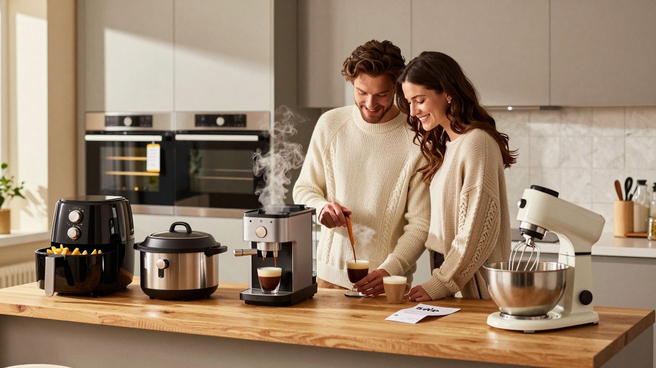 Casal preparando café na cozinha moderna com eletrodomésticos sobre a bancada de madeira.