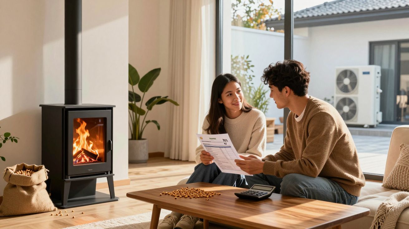Casal sentado em sala moderna, analisando fatura, com lareira acesa ao fundo e grãos sobre a mesa.
