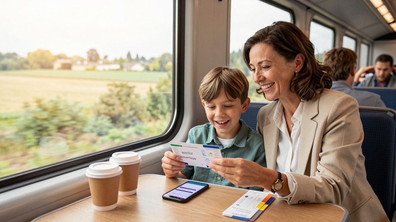 Mulher e menino sorrindo, sentados juntos em um trem, olhando bilhetes de viagem em uma mesa com dois copos de café descartáv