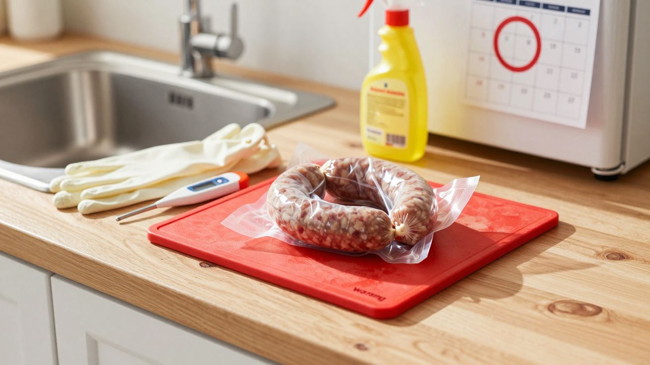 Linguiça crua embalada a vácuo sobre tábua vermelha em bancada de cozinha com luvas, termômetro e spray amarelo.