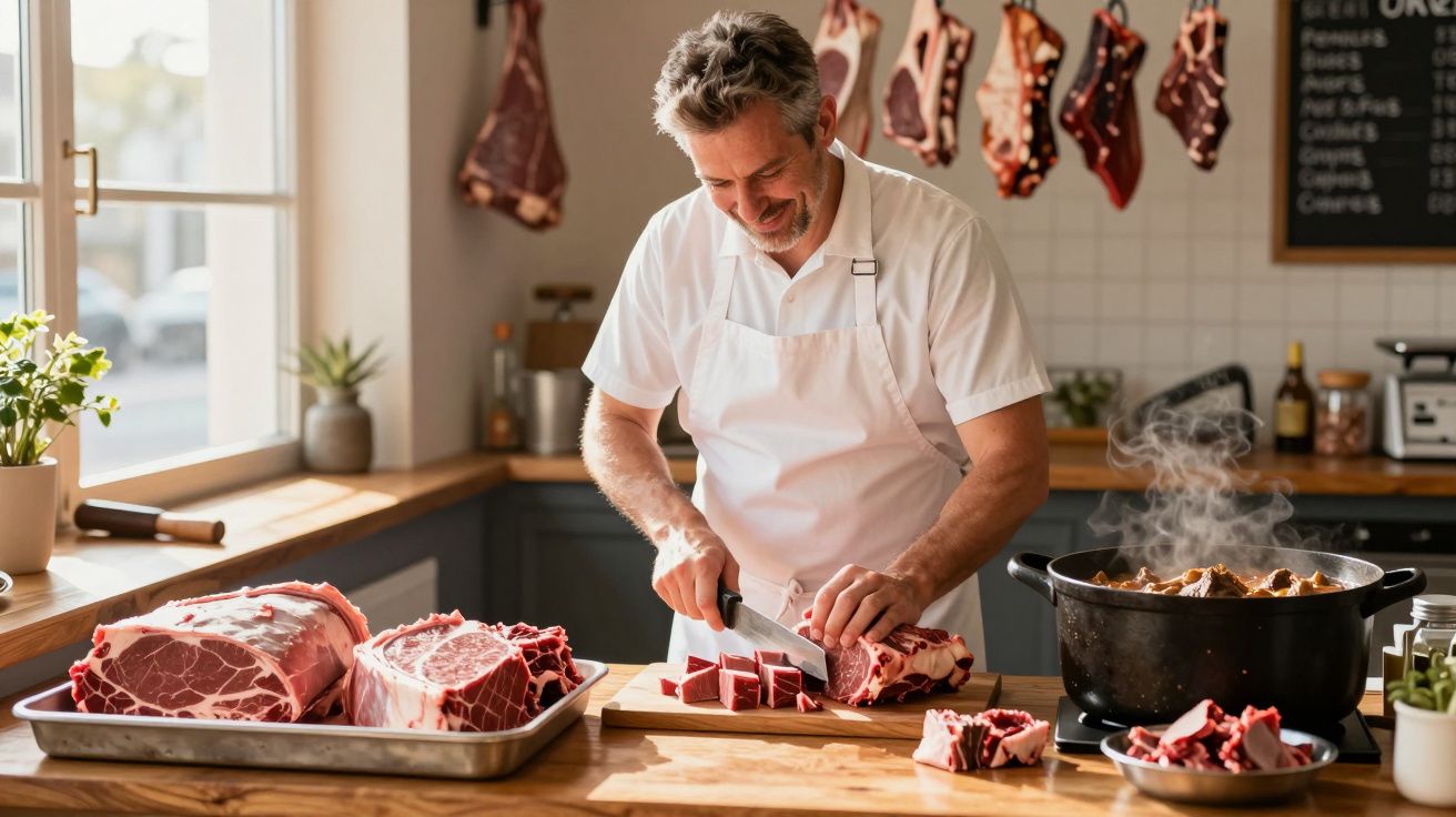 Homem cortando carne em cubos em cozinha com pedaços de carne crua e panela no fogão.