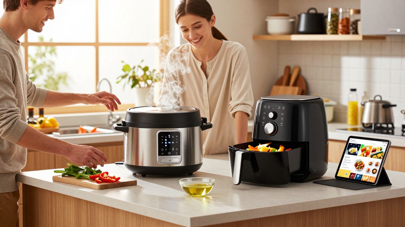 Casal preparando comida na cozinha com panela elétrica, fritadeira sem óleo e tablet exibindo receitas.