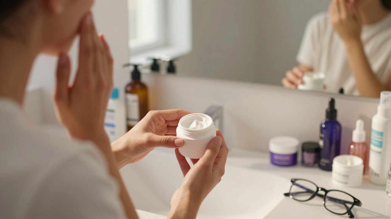 Pessoa segurando pote de creme facial próximo ao espelho em bancada com óculos e produtos de beleza.