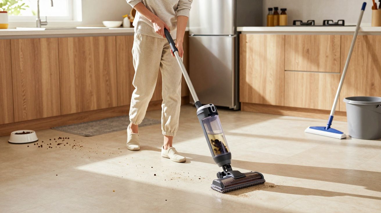 Pessoa limpando chão da cozinha com aspirador vertical, com sujeira perto de uma tigela de pet no chão.