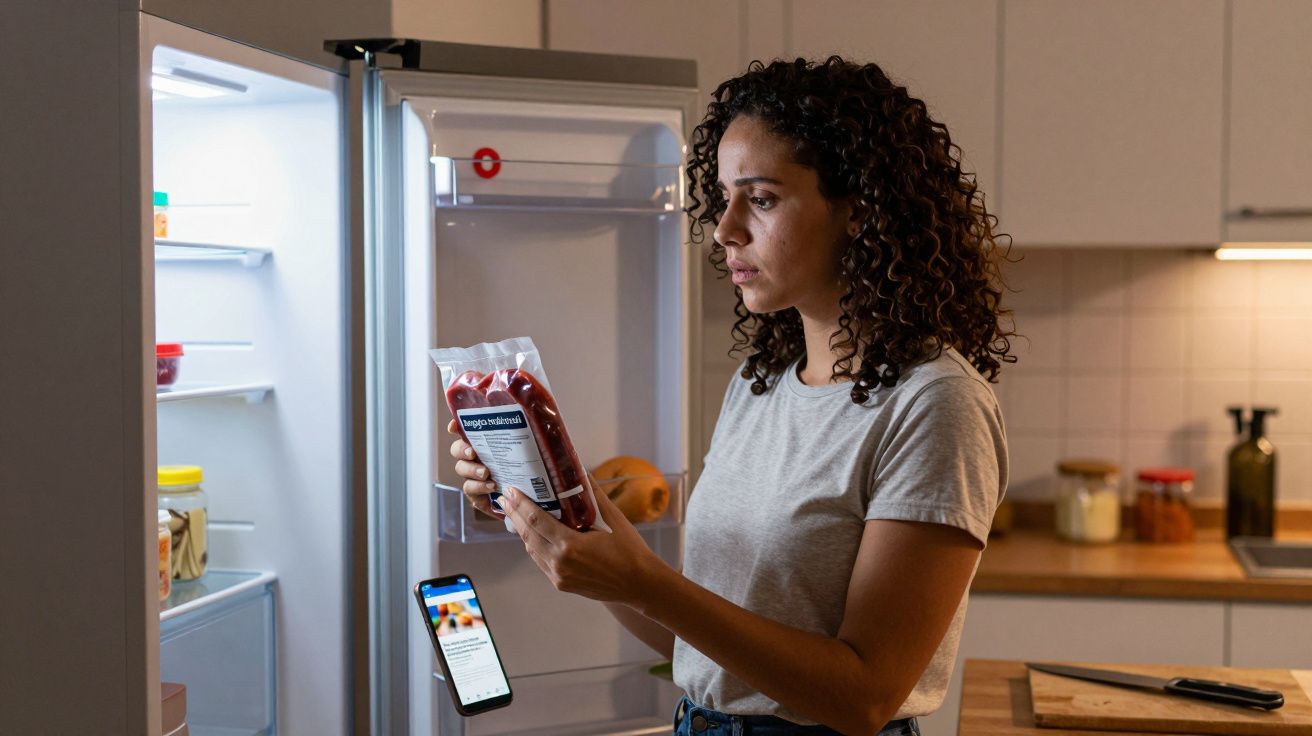 Mulher lendo rótulo de alimento diante da geladeira aberta na cozinha à noite.