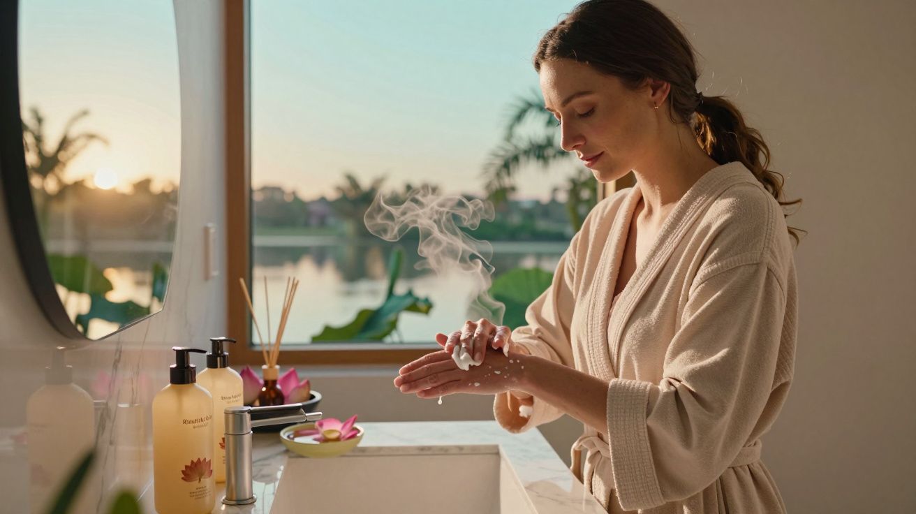 Mulher em roupão aplica creme nas mãos em banheiro com janela para área externa ao amanhecer.