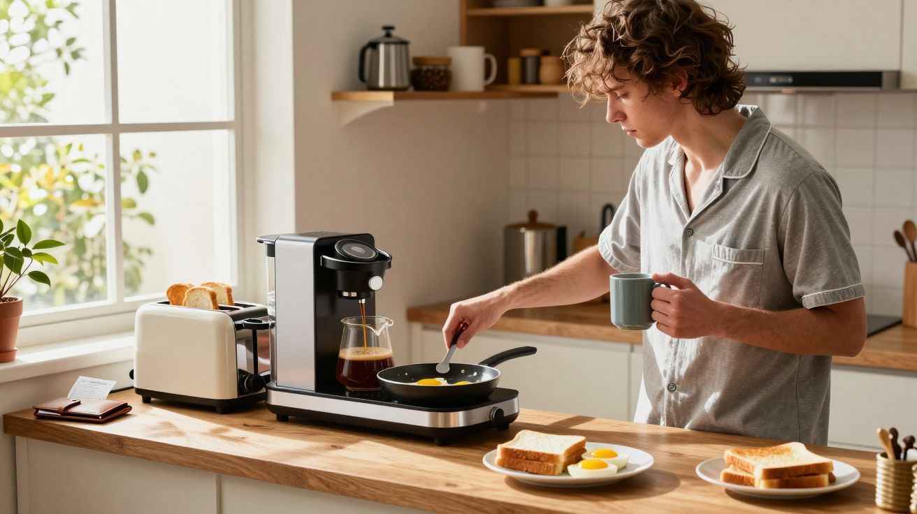 Jovem cozinhando ovos em frigideira com café e torradas na cozinha iluminada pela luz natural.