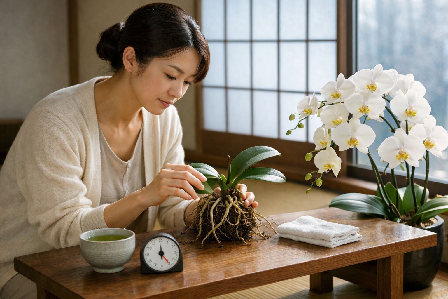 Mulher cuidando de orquídea com raízes expostas em ambiente interno iluminado por janela de vidro.