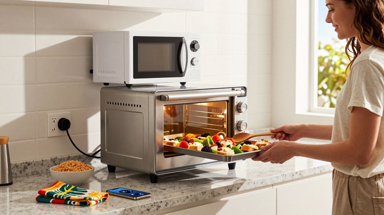 Mulher retirando pizza colorida de forno elétrico em cozinha clara com micro-ondas em cima.