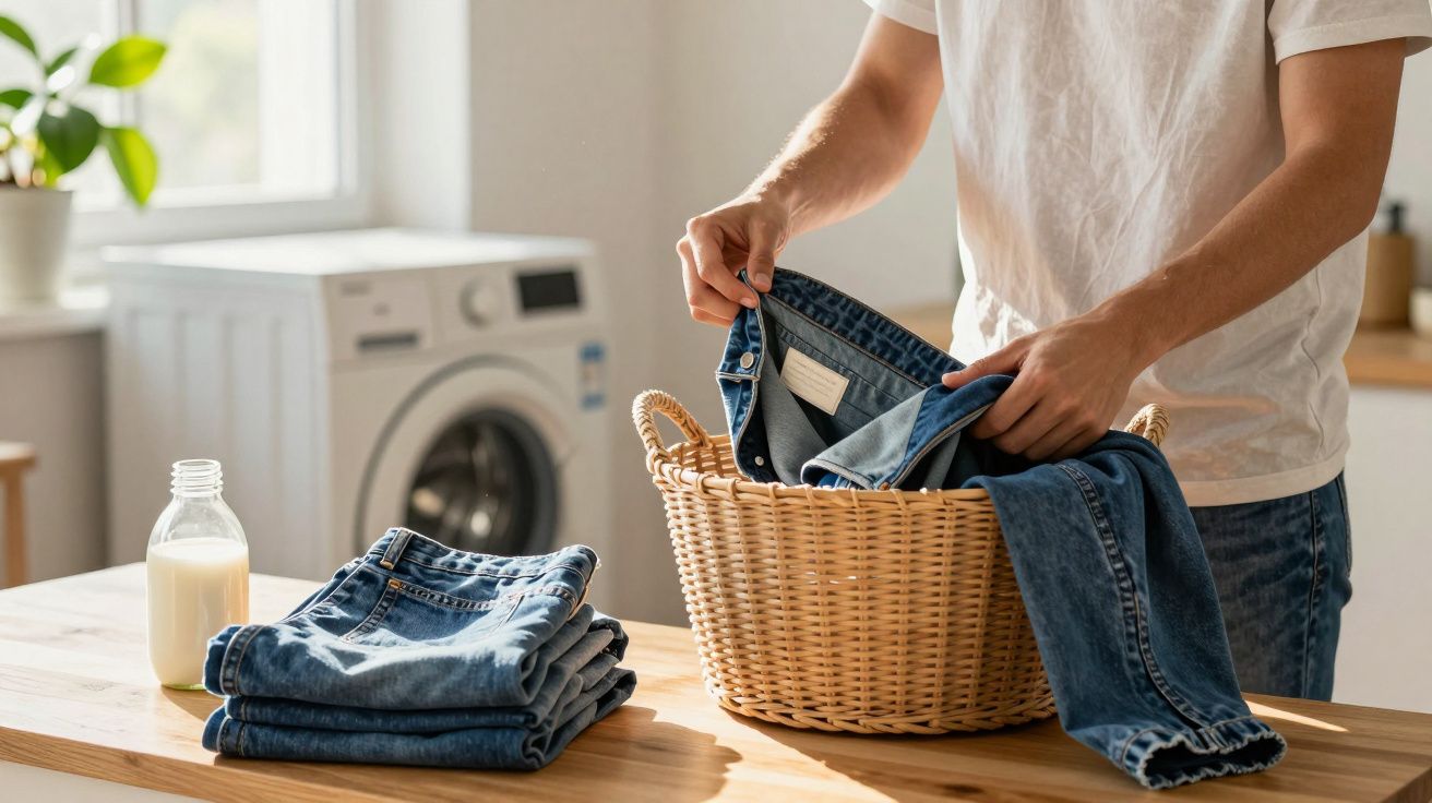 Pessoa colocando calça jeans em cesta de lavanderia com pilha de roupas dobradas e máquina de lavar ao fundo.