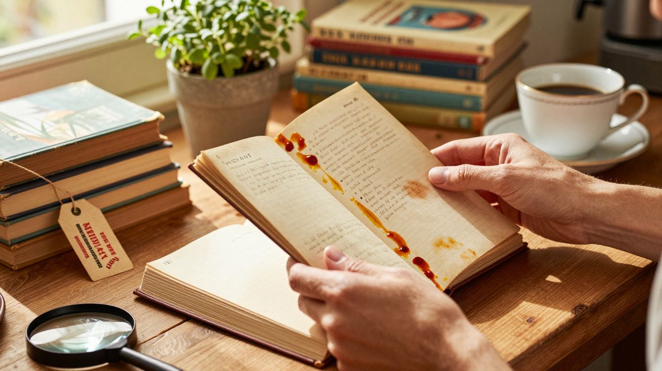 Pessoa lendo um livro antigo manchado de líquido em mesa com xícara, plantas e livros ao fundo.