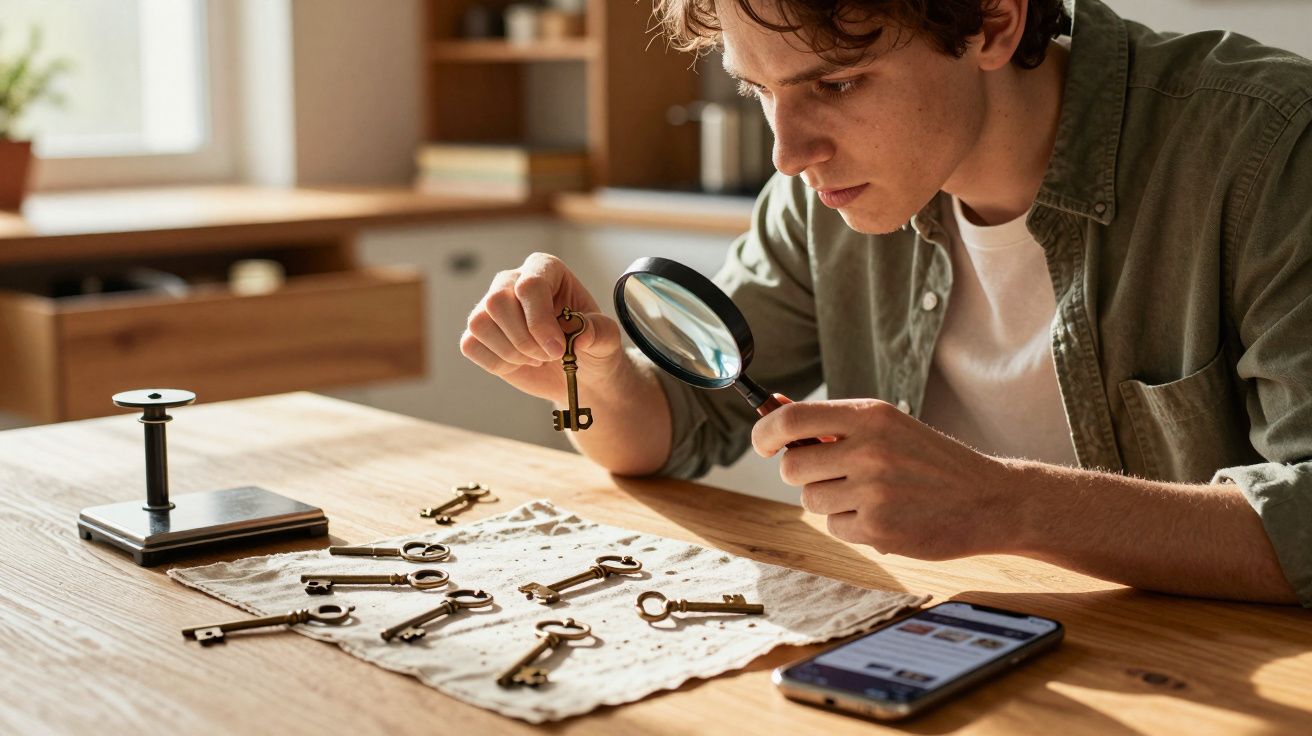 Jovem examina uma chave antiga com lupa, várias chaves sobre pano em mesa de madeira, celular ao lado.