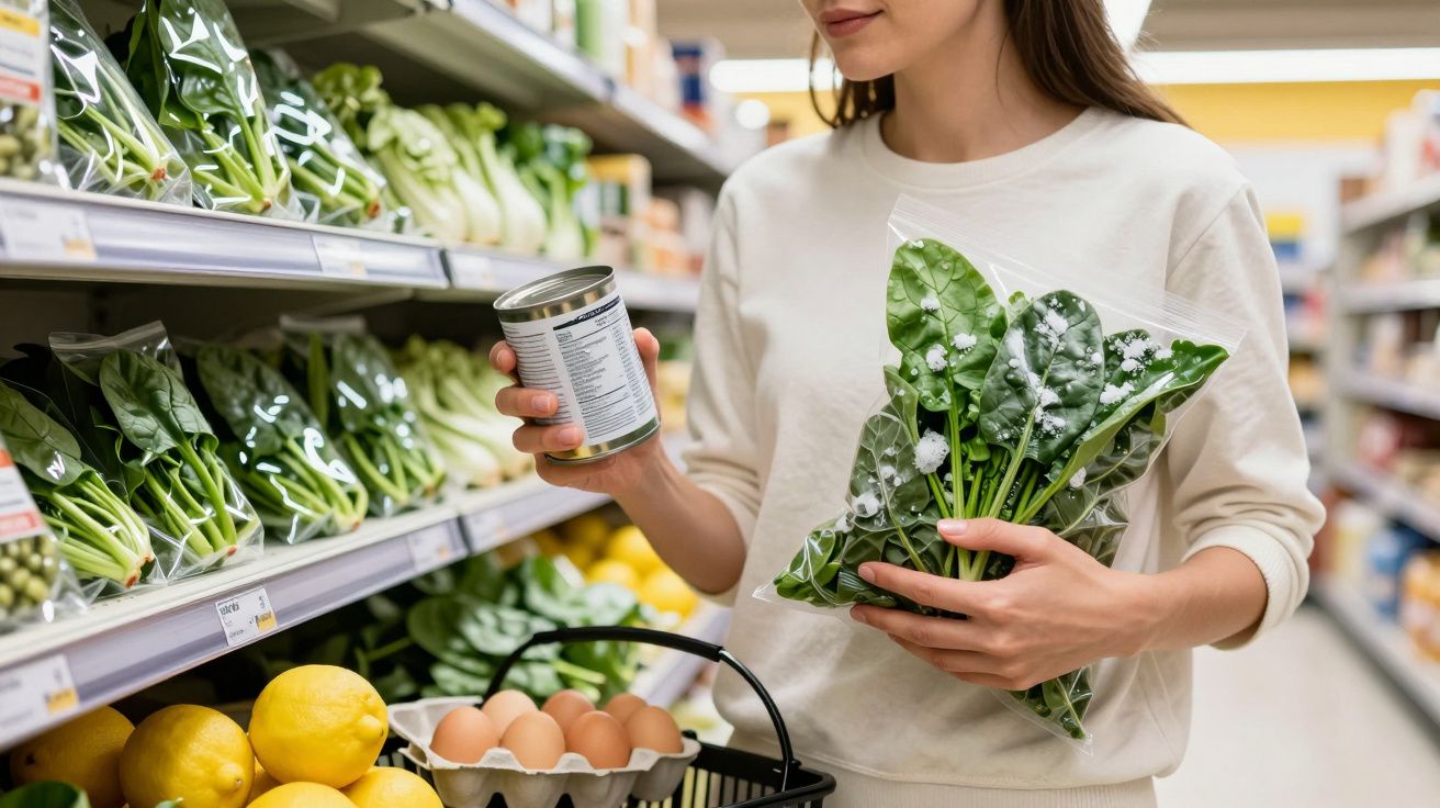 Mulher segurando folhas verdes e latinha, fazendo compras em supermercado na seção de verduras.