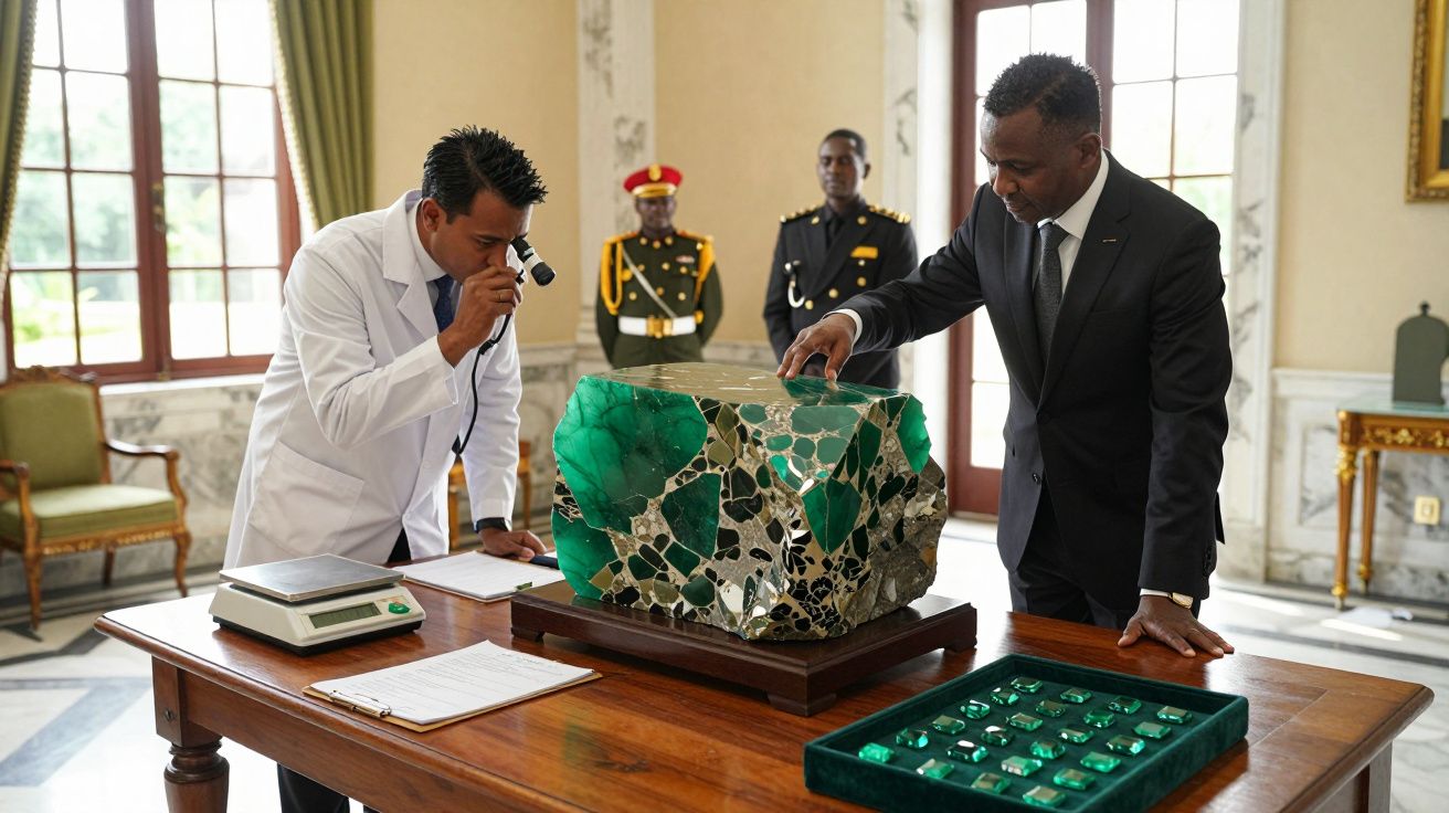 Homem em terno e cientista em jaleco inspecionam grande espécime de mineral verde em sala formal.